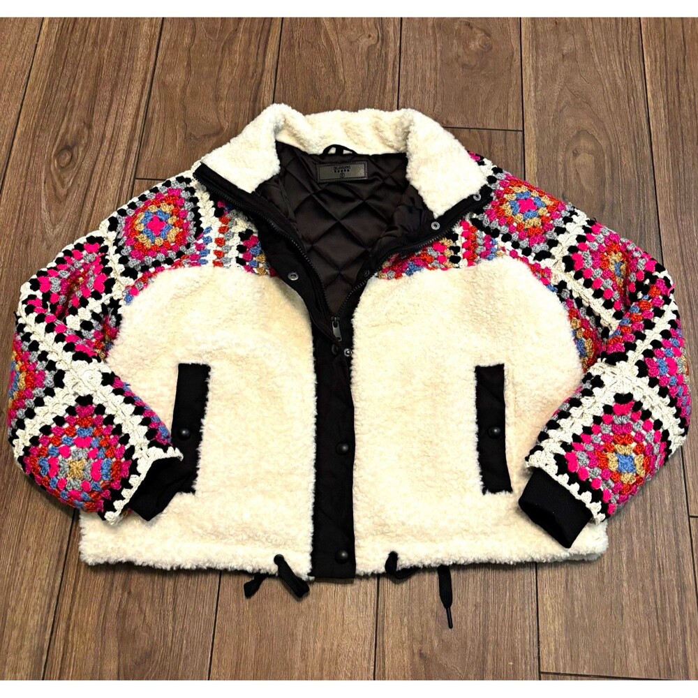 BLANKNYC Women's S Ivory Sherpa Jacket Crochet Sleeves Full Zip Snap Quilted
